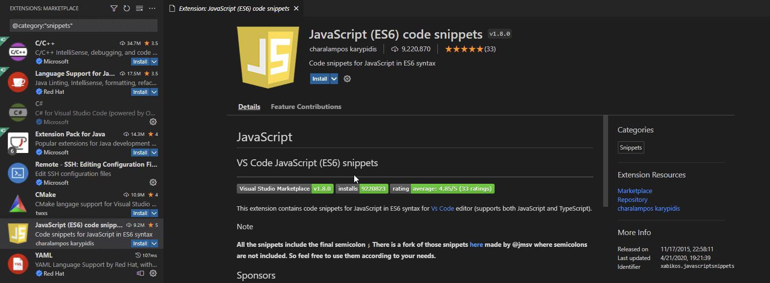 Snippets in Visual Studio Code